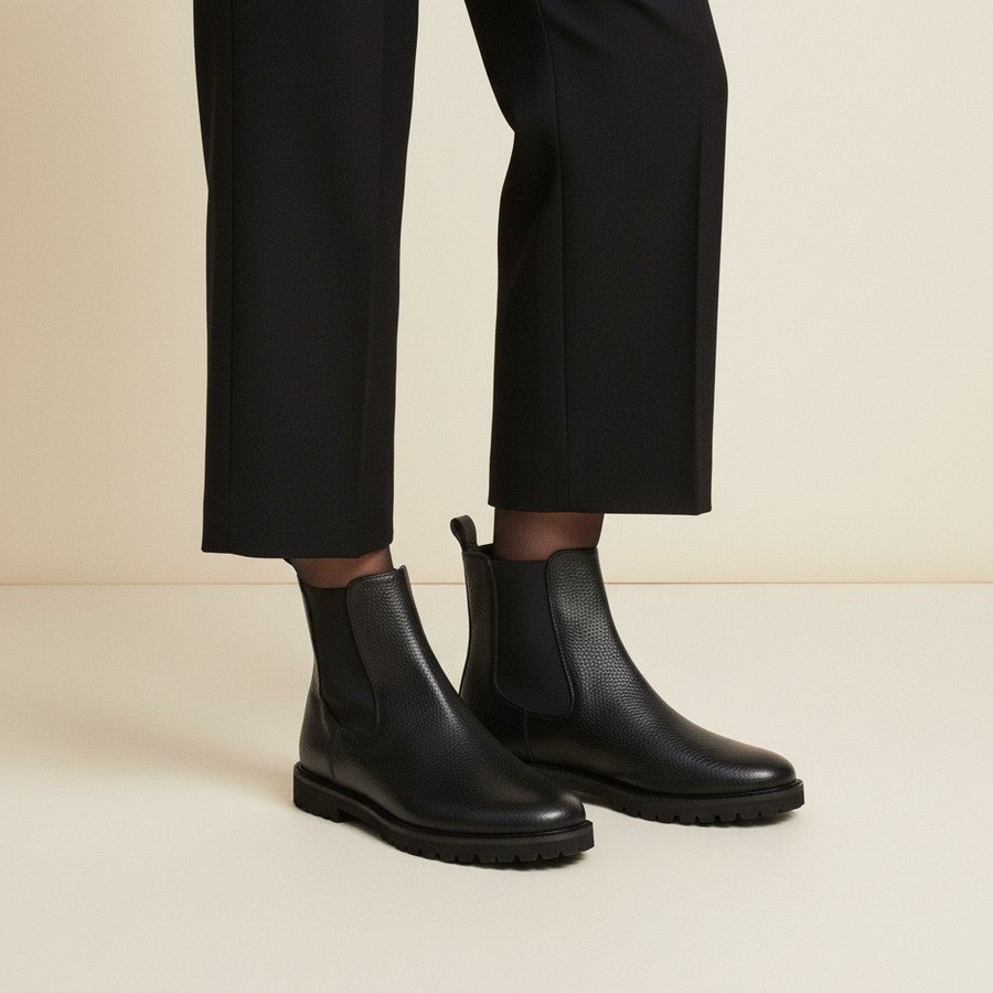 Tronchetto Spaccanapoli Isabella Ferrante in pelle bottalata nera indossato con pantaloni neri