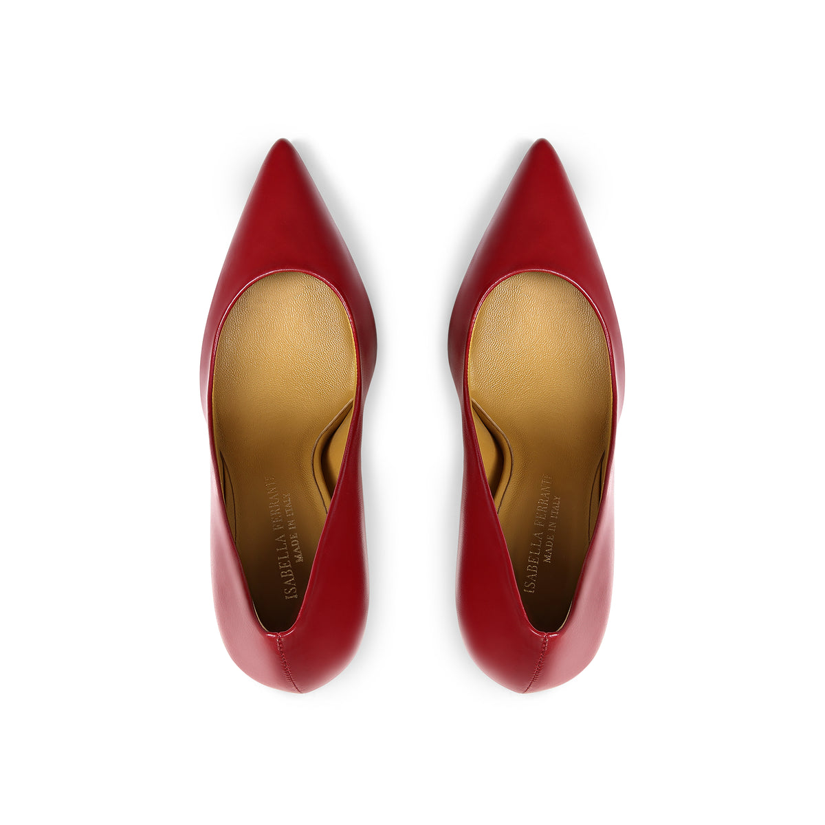 Décolleté Isabella Ferrante Caracciolo in nappa rossa con tacco a stiletto da 100 mm e punta sfilata, dettaglio della lavorazione