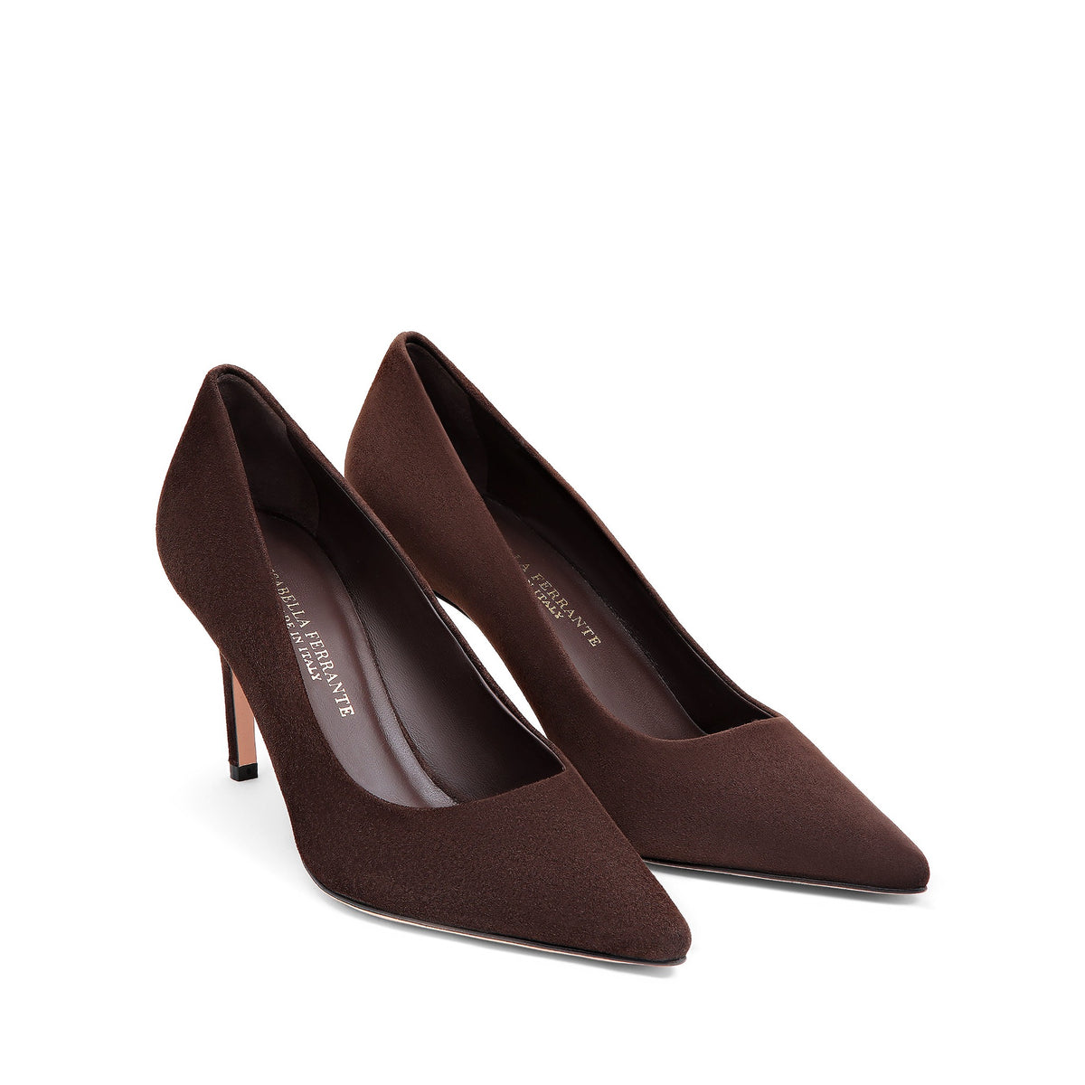 Décolleté Isabella Ferrante Chiaia in camoscio moka con tacco a stiletto da 70 mm e punta sfilata, vista alternativa