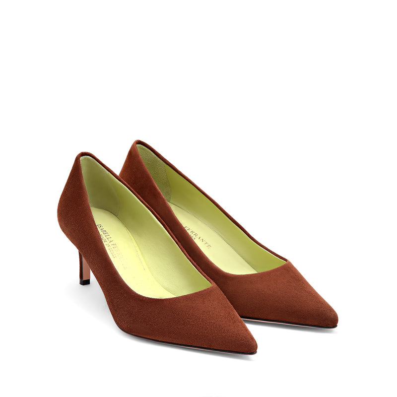Pumps aus Wildleder in Terrakotta mit grünem Futter und 50 mm Stilettoabsatz
