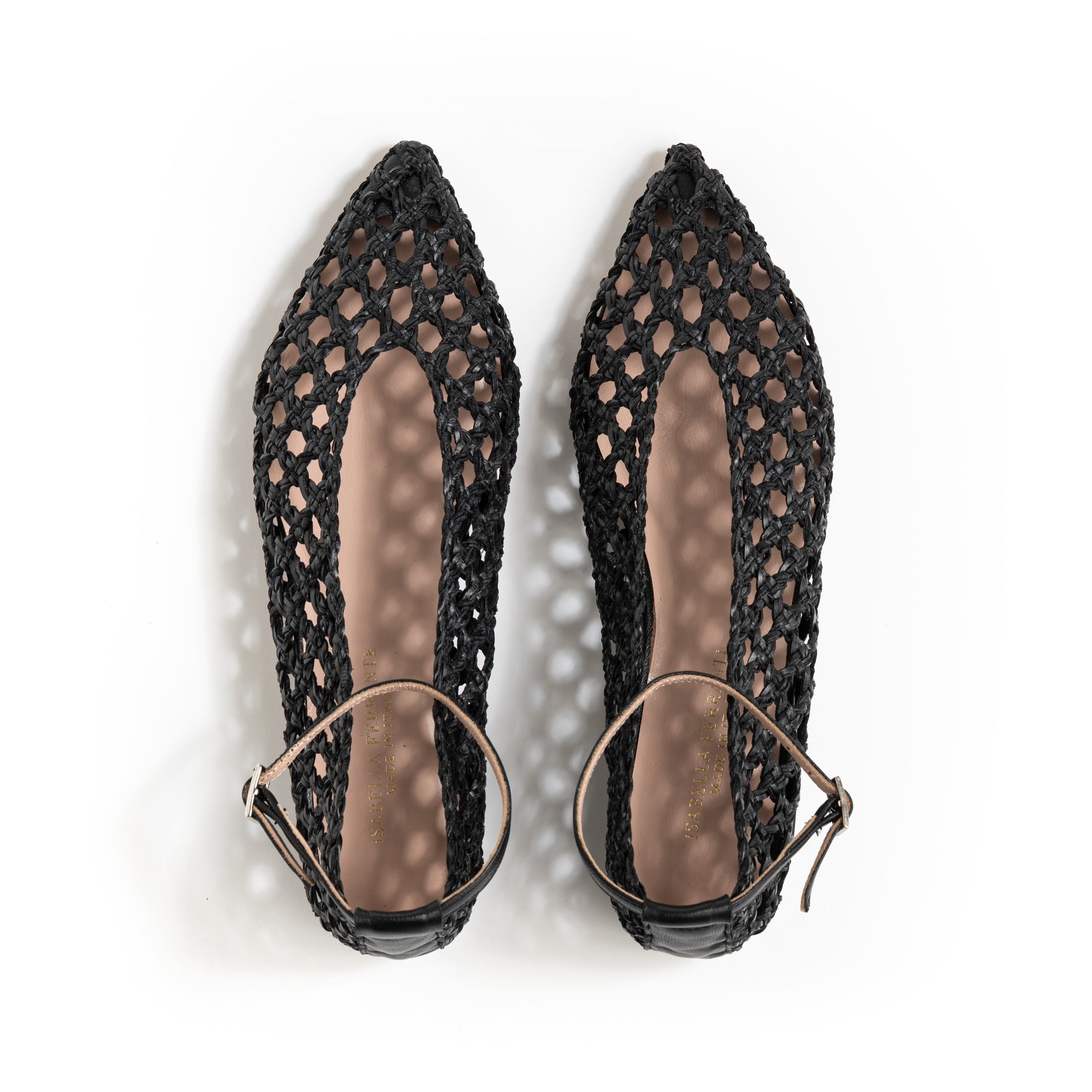 Ballerina with sky satin strap, fudge lining, pointed toe, 2cm heel