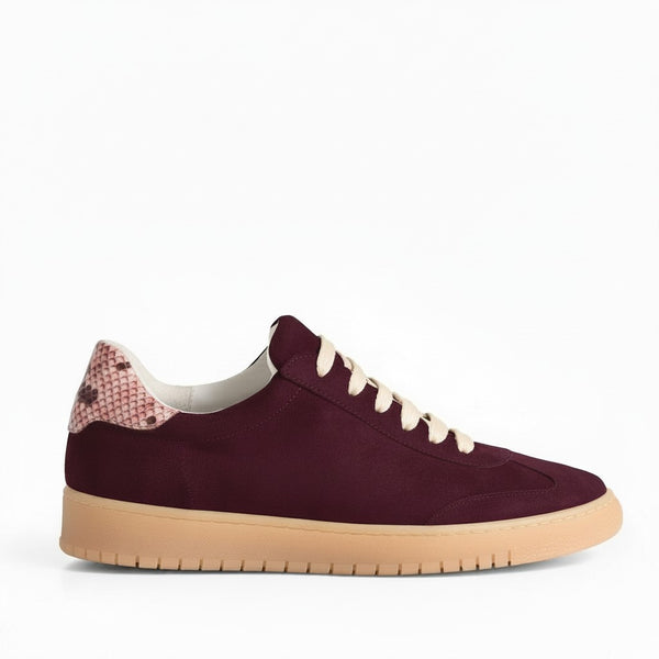 Sneaker Camoscio Bordeaux e Pitone rosa, suola gomma