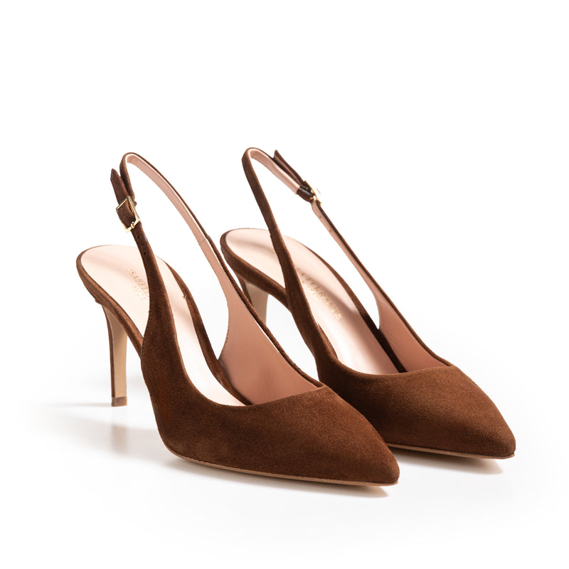 Classic Terra d'Umbria suede pump with green lining and 50 mm stiletto heel