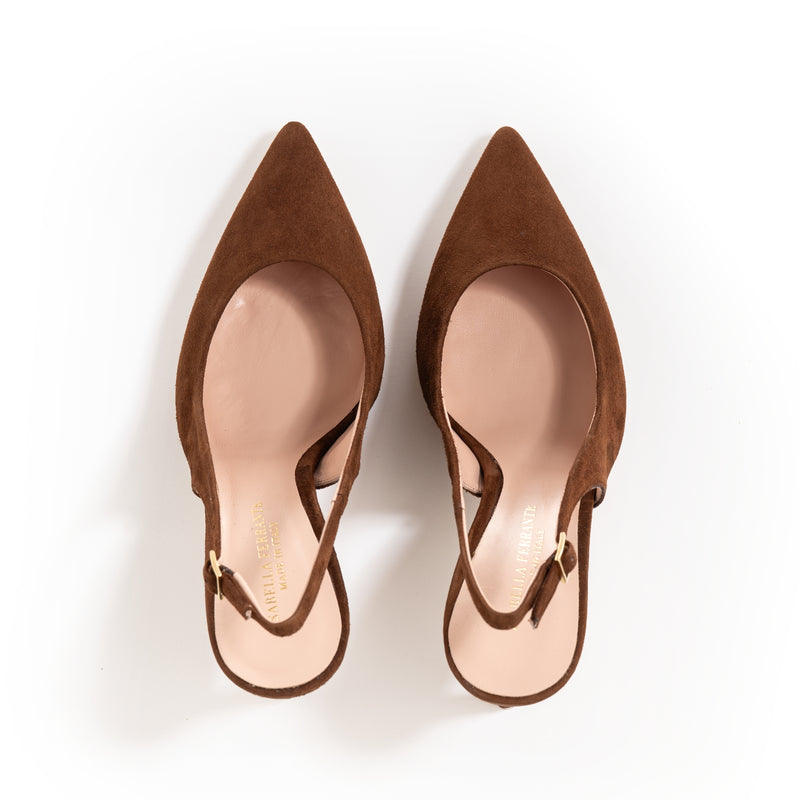Classic Terra d'Umbria suede pump with green lining and 50 mm stiletto heel