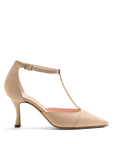 T-Spangen-Pumps aus nudefarbenem Nappaleder und rosafarbenem Futter, 70 mm Spulenabsatz
