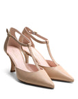 T-Spangen-Pumps aus nudefarbenem Nappaleder und rosafarbenem Futter, 70 mm Spulenabsatz