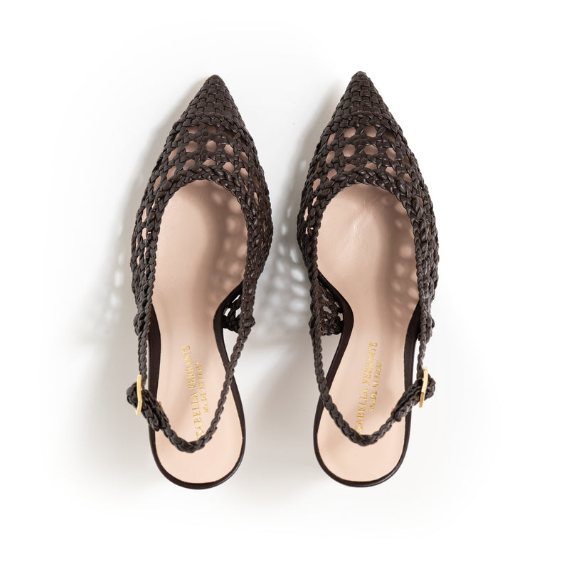 Slingback Intrecciata Moka, stiletto 70mm