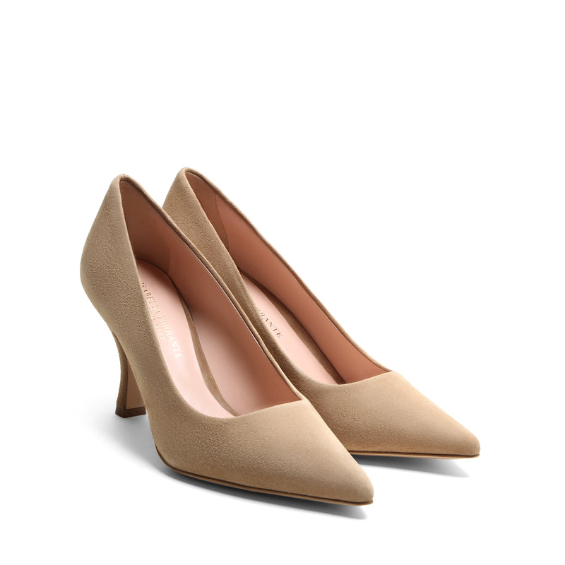 Classic Terra d'Umbria suede pump with green lining and 50 mm stiletto heel