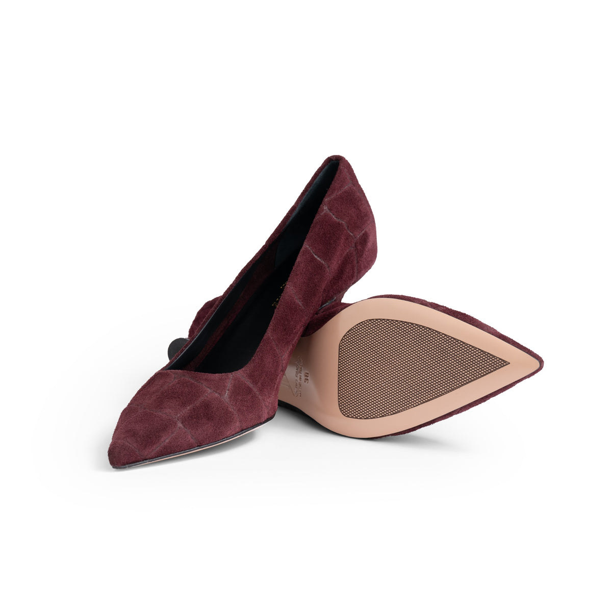 Décolleté Petraio sfoderata in camoscio stampa cocco bordeaux, tacco rocchetto 55 mm, profilo e suola in cuoio