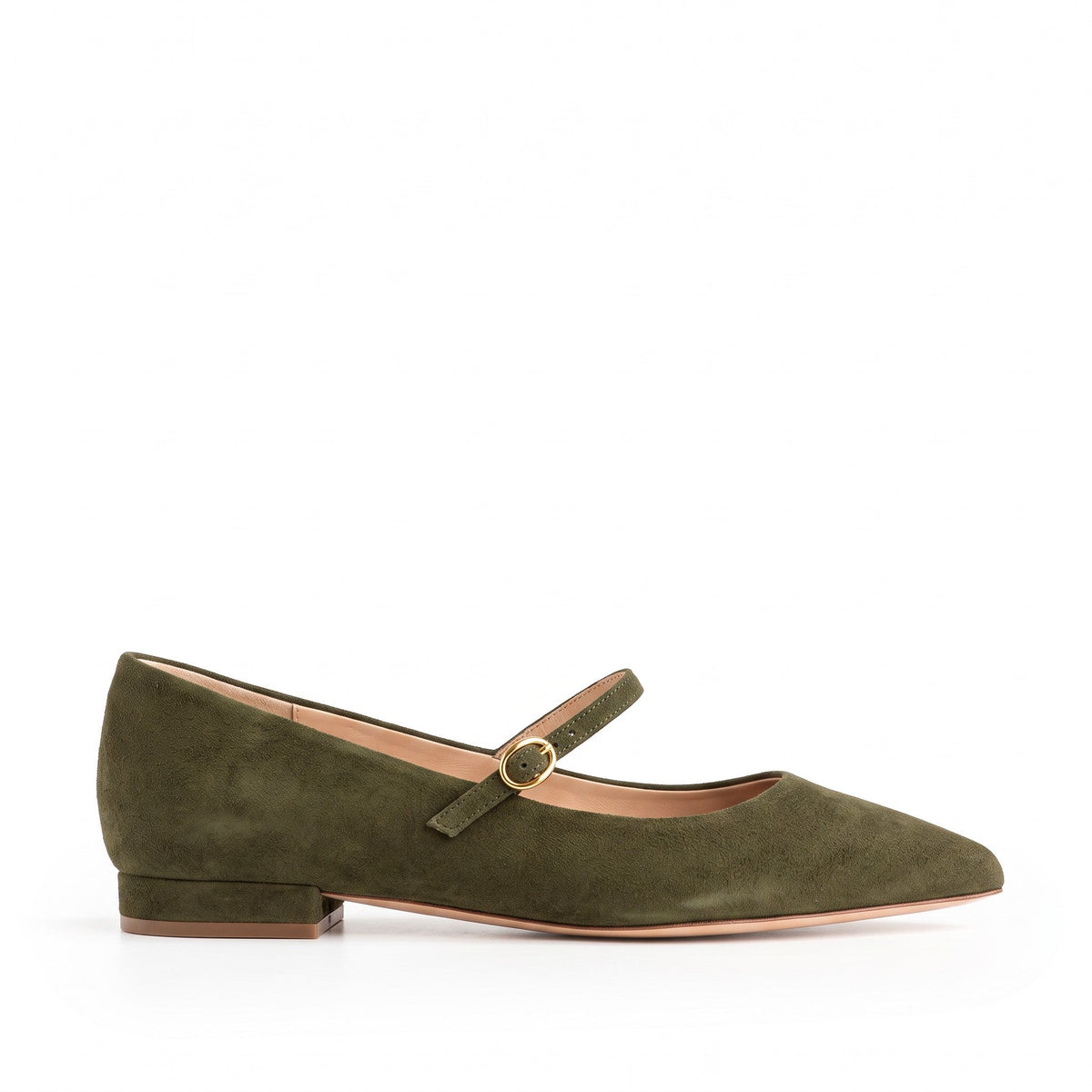 Ballerina Isabella Ferrante Mergellina in camoscio verde selvatico con cinturino, tacco 20 mm e punta sfilata