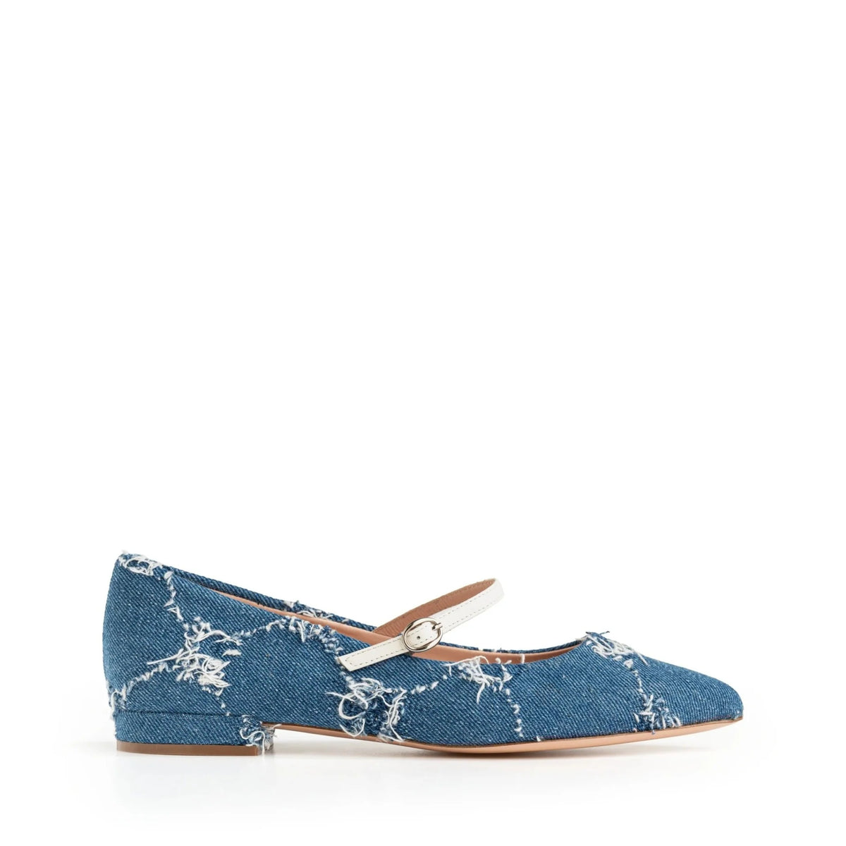 Ballerina Isabella Ferrante Mergellina in denim cimosa giapponese blu con cinturino e punta sfilata