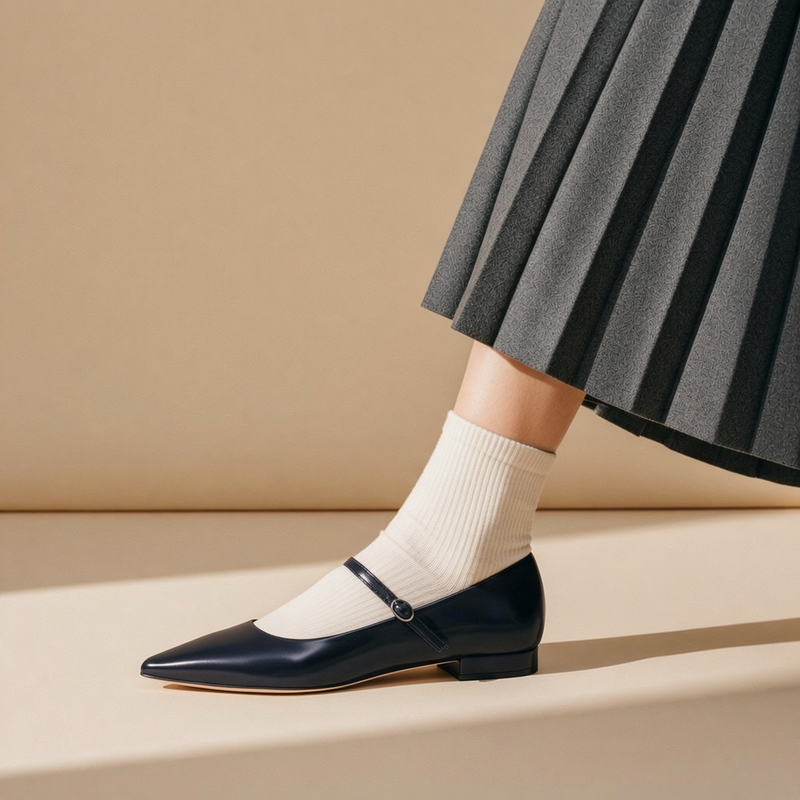 Ballerina Isabella Ferrante Mergellina in nappa blu abisso lucida con cinturino, punta sfilata e tacco 20 mm