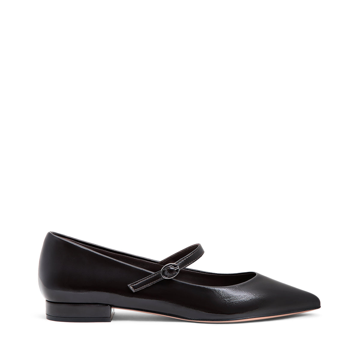 Ballerina Isabella Ferrante a punta in nappa nera lucida con cinturino e tacco a blocco da 20 mm