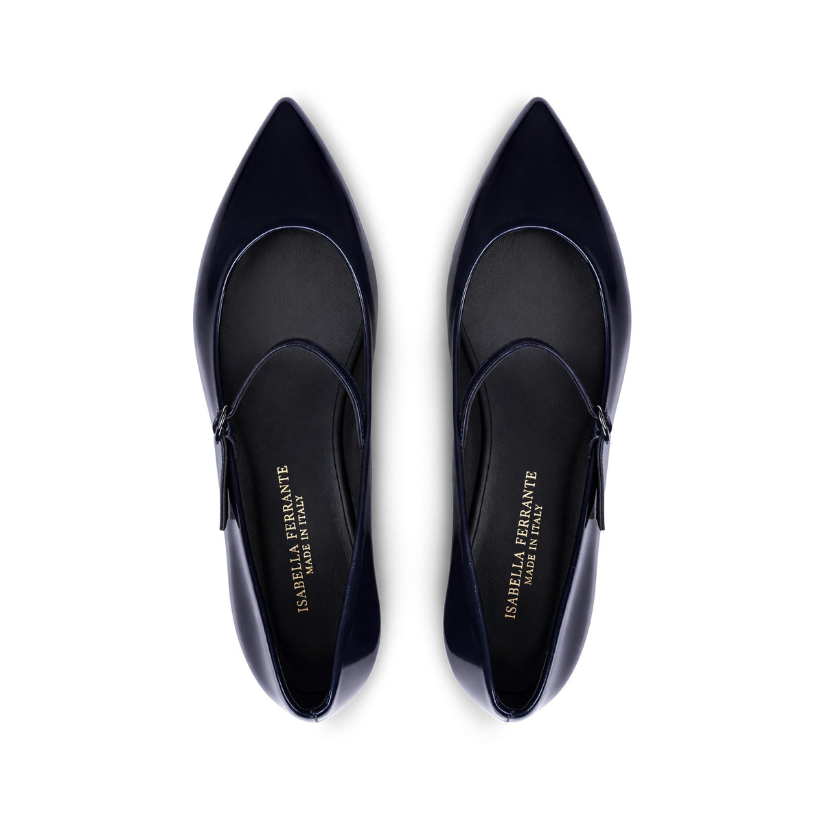 Ballerine Isabella Ferrante Mergellina in nappa blu abisso lucida con punta sfilata, cinturino e tacco a blocco 20mm.