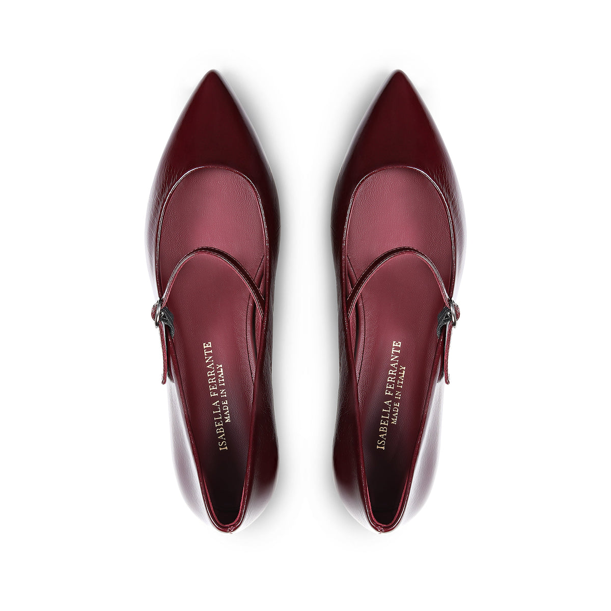 Ballerine Isabella Ferrante a punta in nappa bordeaux lucida con cinturino e tacco a blocco da 20 mm