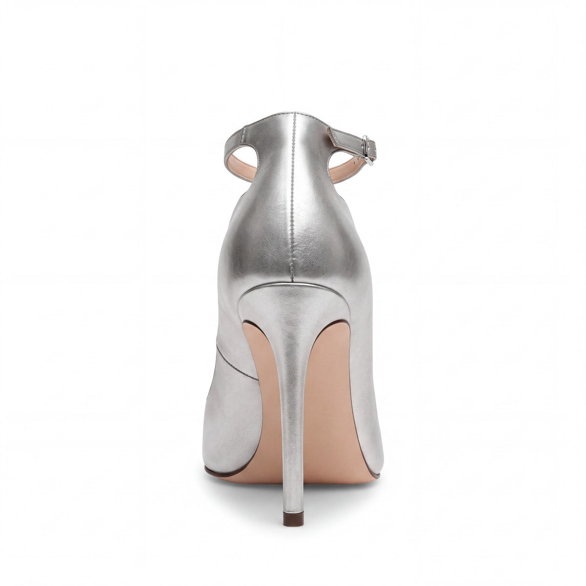 Décolleté Caracciolo in pelle laminata argento con cinturino, tacco stiletto 100 mm, vista posteriore