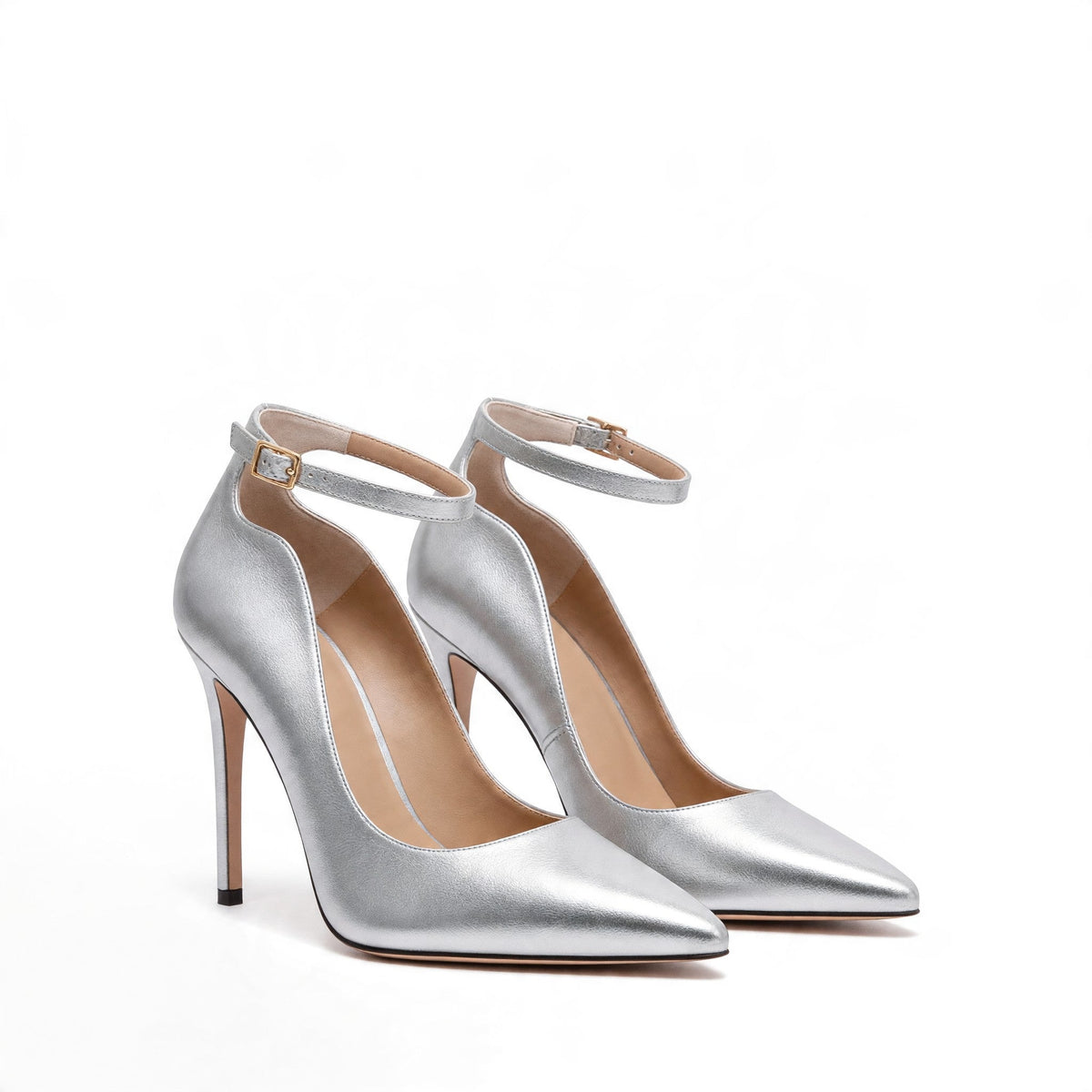 Décolleté Caracciolo in pelle laminata argento con cinturino, tacco stiletto 100 mm, foto 3 di 4
