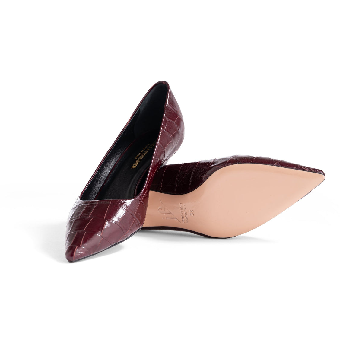 Décolleté Isabella Ferrante Petraio in pelle bordeaux stampa coccodrillo con tacco a rocchetto 30mm e suola in cuoio
