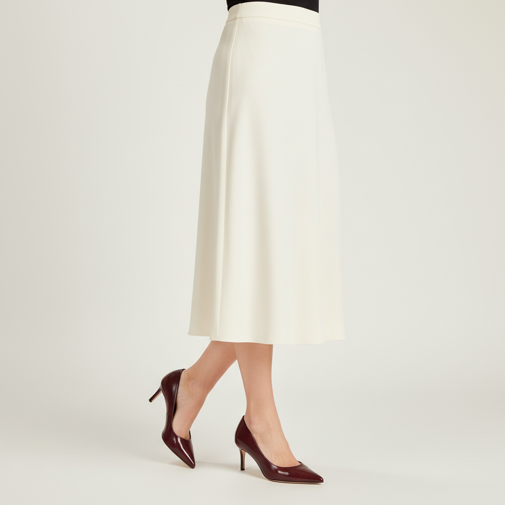 Décolleté Isabella Ferrante in nappa bordeaux con tacco stiletto da 55 mm indossate con gonna midi color crema