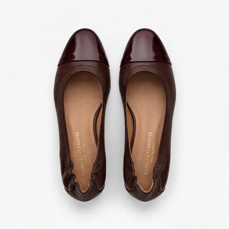 Décolleté Isabella Ferrante Petraio in nappa moro e punta in vernice bordeaux con tacco a blocco da 55 mm