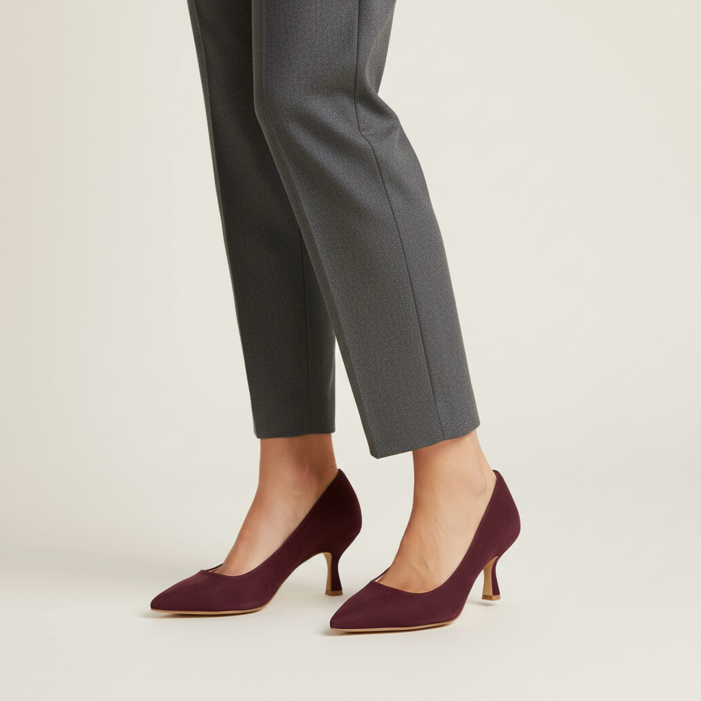 Décolleté Isabella Ferrante in camoscio borgogna con tacco a rocchetto da 55mm indossate con pantaloni grigi