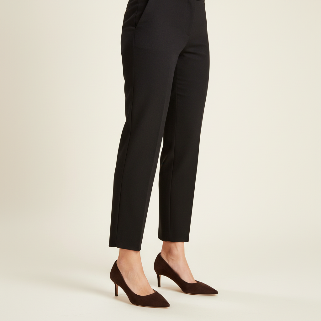 Décolleté Isabella Ferrante in camoscio color cacao con tacco stiletto da 55 mm indossate con pantaloni neri