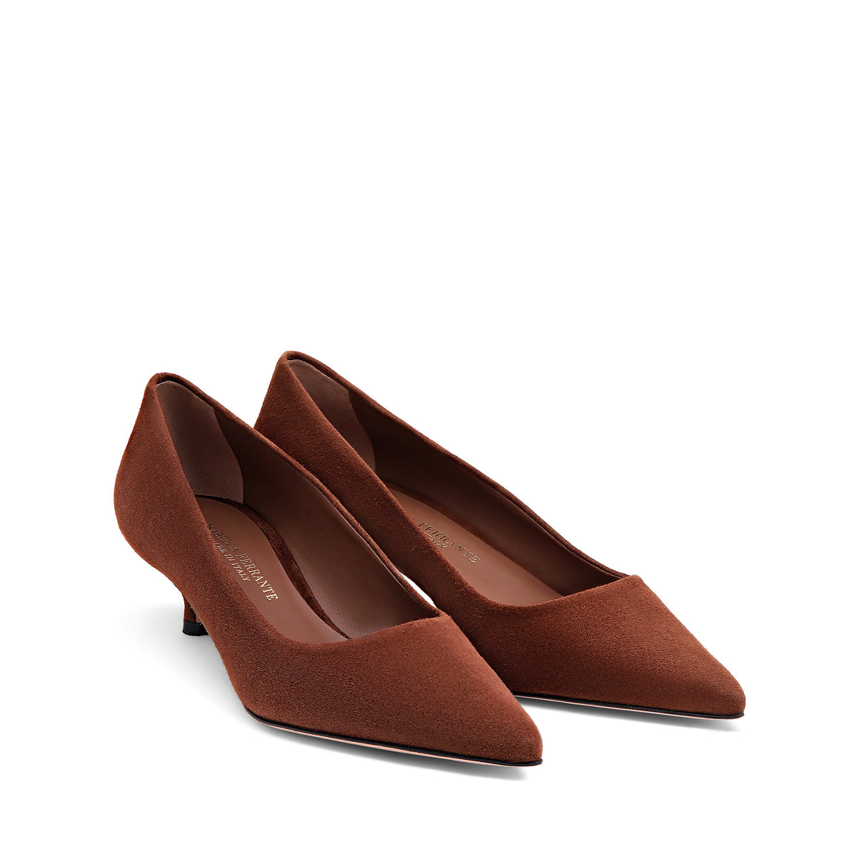 Décolleté Isabella Ferrante a punta in camoscio color caffè con tacco stiletto da 30 mm e finitura vellutata