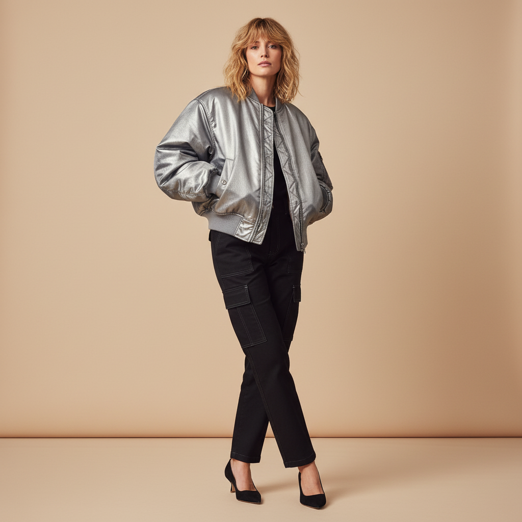Modella indossa décolleté Isabella Ferrante in camoscio nero con tacco a rocchetto da 55mm e giacca bomber argento