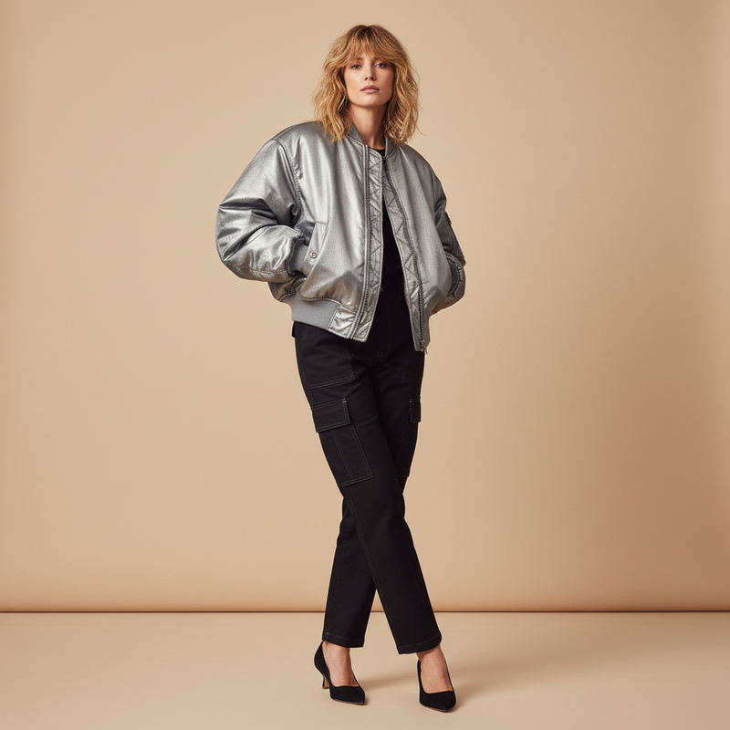 Modella indossa décolleté Isabella Ferrante in camoscio nero con tacco a rocchetto da 55mm e giacca bomber argento
