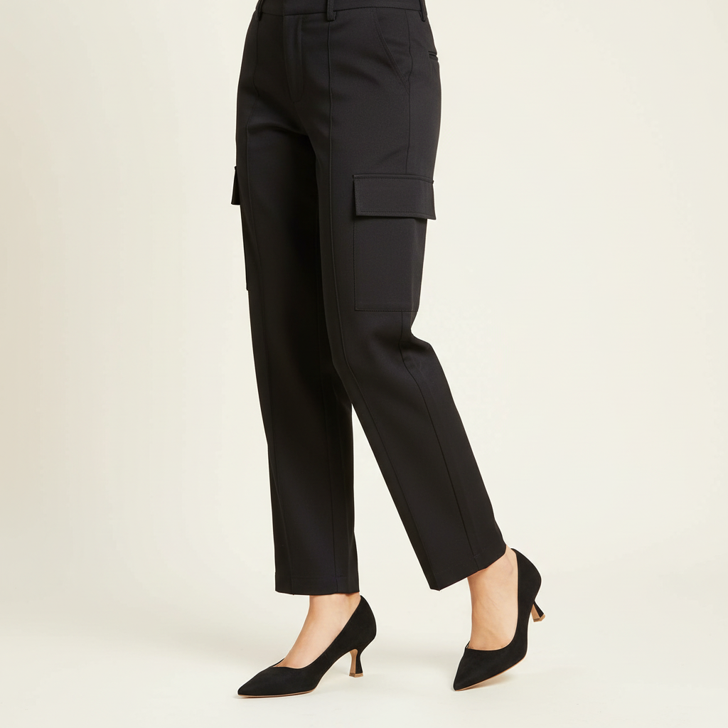Décolleté Isabella Ferrante in camoscio nero sfoderato con tacco a rocchetto da 55mm indossate con pantaloni cargo