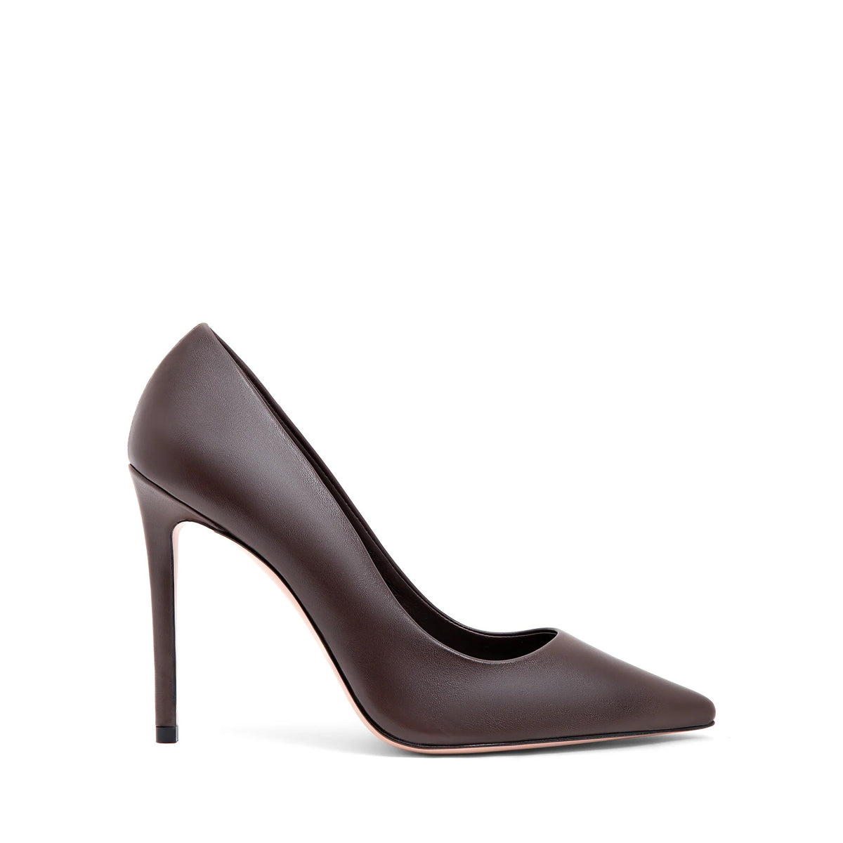 Décolleté Isabella Ferrante Caracciolo in pelle nappa color moka con tacco a stiletto da 100mm e punta sfilata