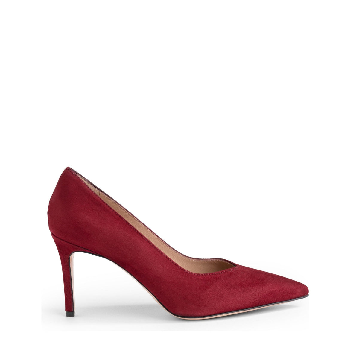 Décolleté Isabella Ferrante Chiaia in camoscio bordò vista di profilo, tacco a stiletto da 70 mm e punta sfilata