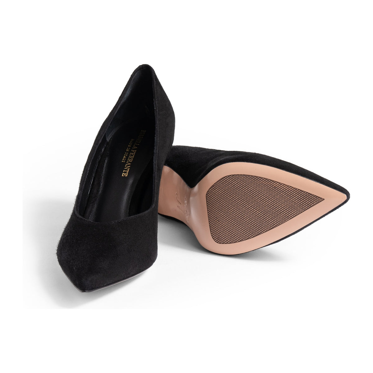 Décolleté Isabella Ferrante Chiaia in camoscio nero, dettaglio della suola in cuoio toscano e del tacco a stiletto