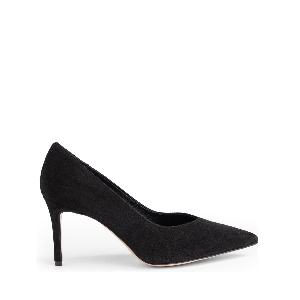 Décolleté Isabella Ferrante Chiaia in camoscio nero vista di profilo, tacco a stiletto da 70 mm e punta sfilata