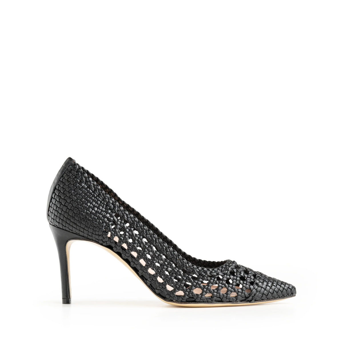 Décolleté Isabella Ferrante Chiaia in pelle intrecciata nera con tacco a stiletto da 70 mm e punta sfilata