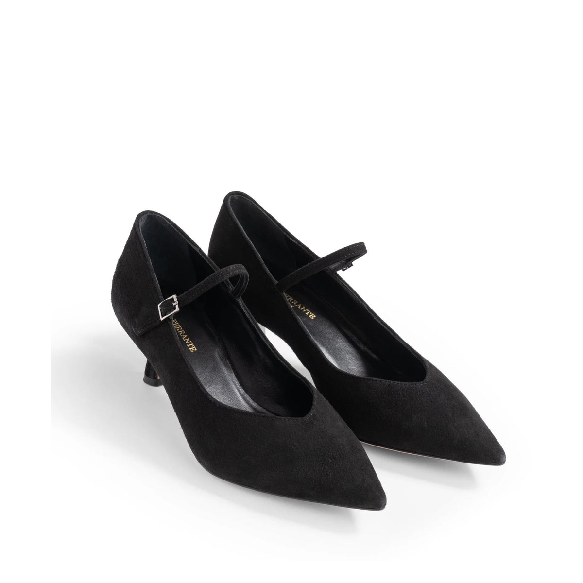 Coppia di décolleté Mary Jane Isabella Ferrante Petraio in camoscio nero con cinturino regolabile e tacco a rocchetto 45 mm