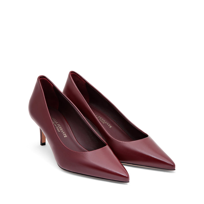 Décolleté Isabella Ferrante a punta in nappa bordeaux con tacco stiletto da 55 mm e suola in cuoio toscano