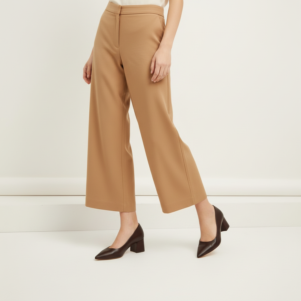 Décolleté Isabella Ferrante in nappa moka con tacco a blocco da 55 mm indossate con pantaloni beige