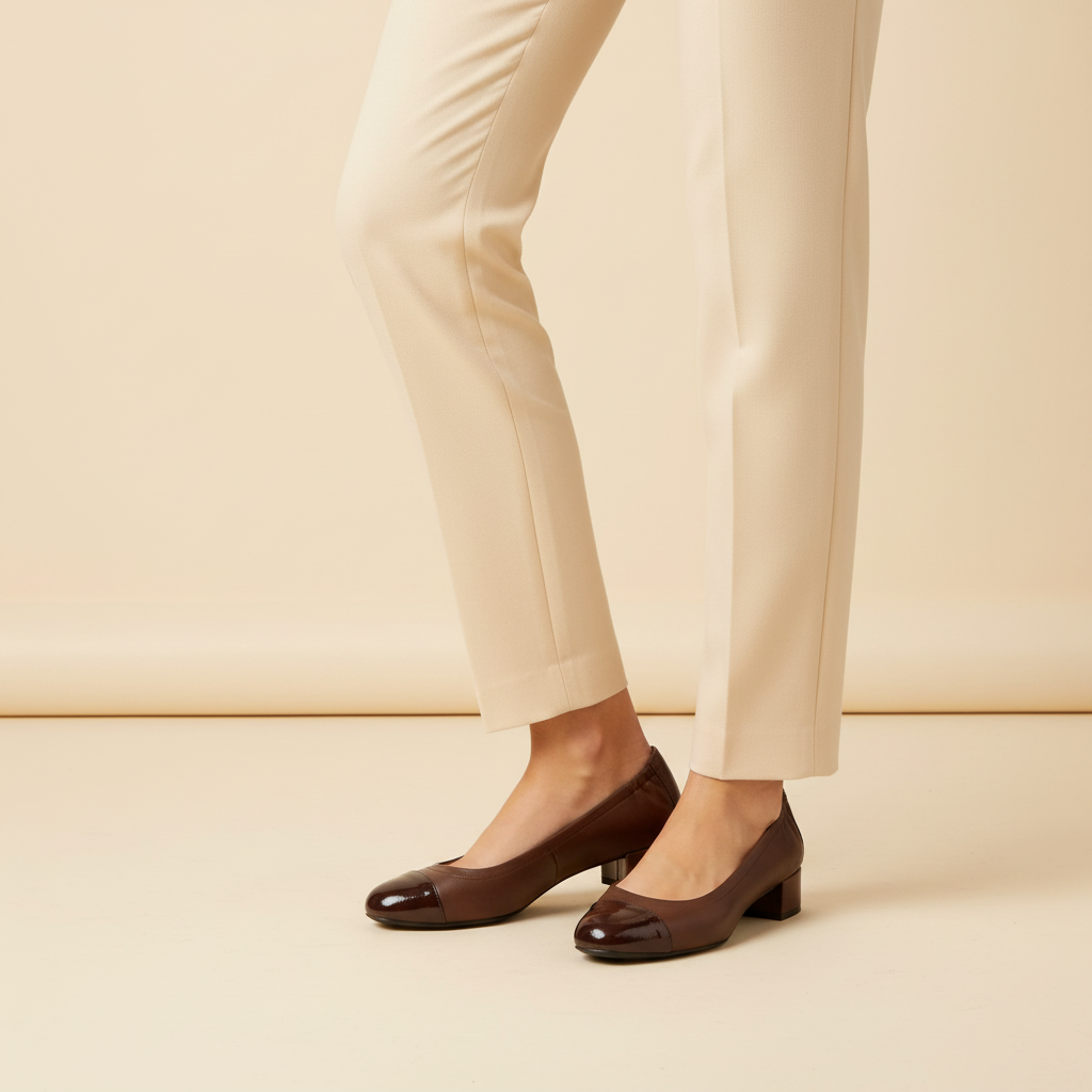 Décolleté Isabella Ferrante in nappa moro e punta in vernice bordeaux con tacco a blocco da 55mm indossate