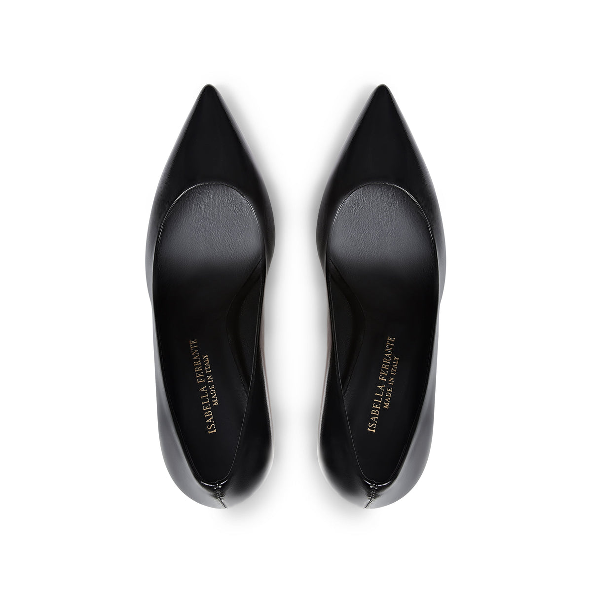 Décolleté Isabella Ferrante a punta in nappa nera lucida con tacco stiletto da 70mm e interno in pelle