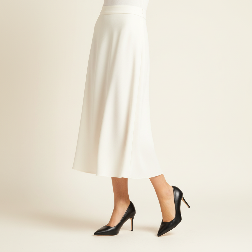 Décolleté Isabella Ferrante in nappa nera con tacco a stiletto da 70 mm indossate con una gonna midi bianca