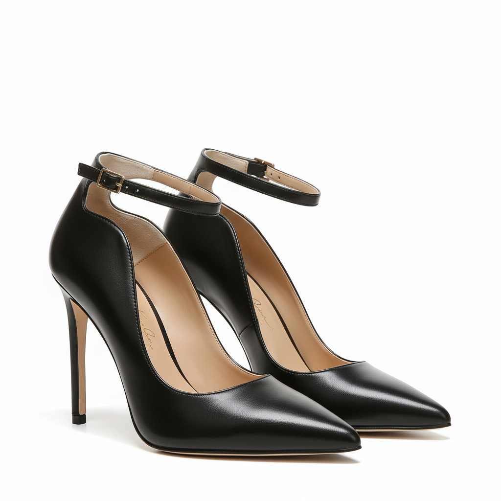 Décolleté Isabella Ferrante in nappa nera con tacco a stiletto da 100mm, punta sfilata e cinturino alla caviglia.