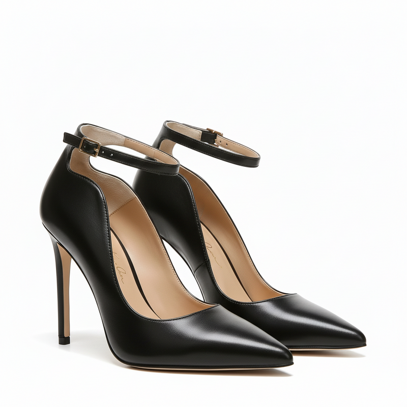 Décolleté Isabella Ferrante in nappa nera con tacco a stiletto da 100mm, punta sfilata e cinturino alla caviglia.