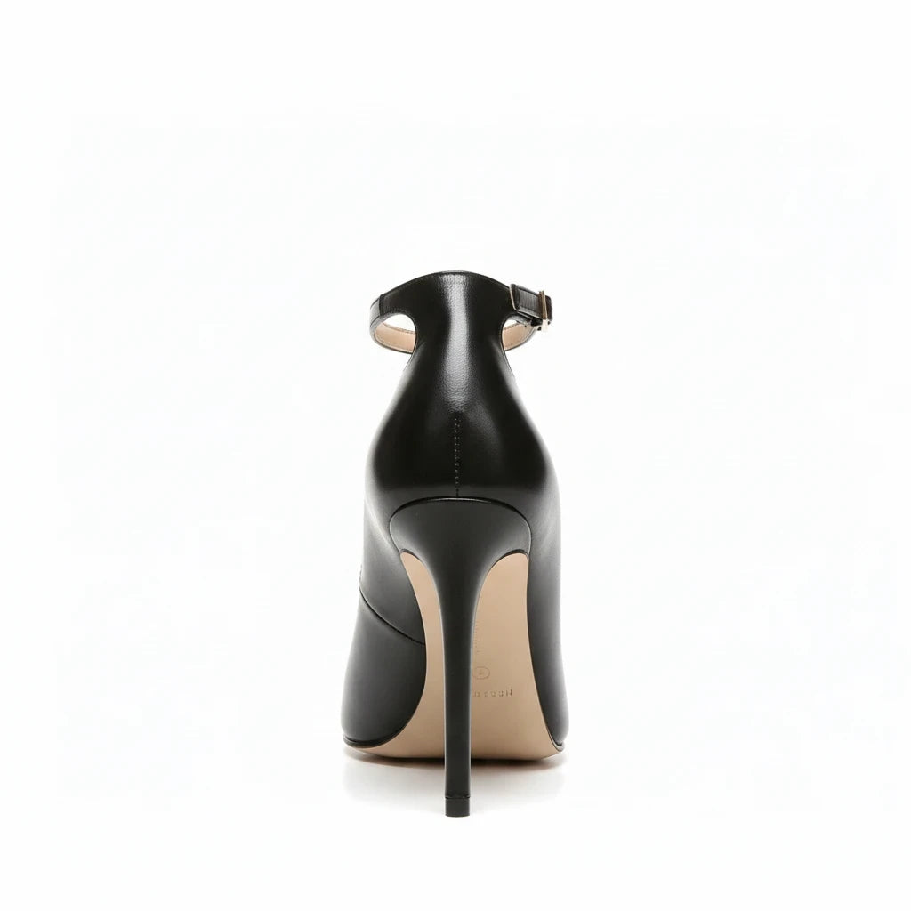 Décolleté Isabella Ferrante in nappa nera con tacco stiletto 100mm e cinturino alla caviglia con fibbia dorata