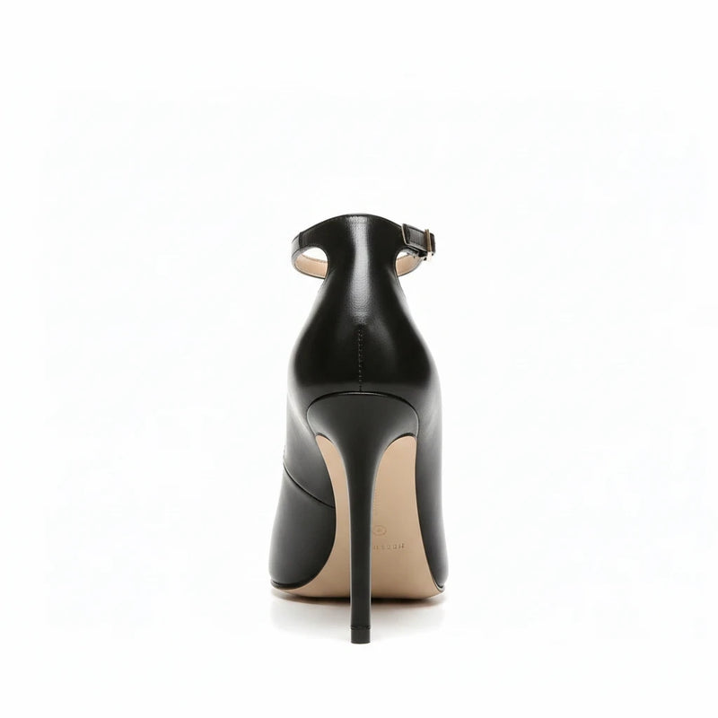 Décolleté Isabella Ferrante in nappa nera con tacco stiletto 100mm e cinturino alla caviglia con fibbia dorata