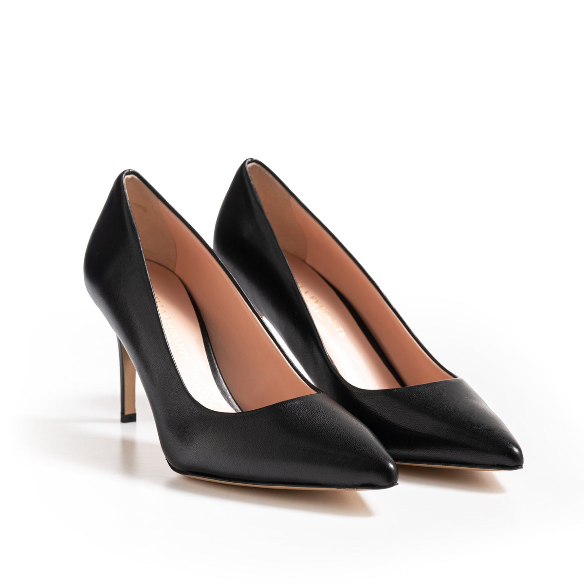 Décolleté Isabella Ferrante a punta in nappa nera con tacco stiletto da 70 mm e fodera interna in pelle rosa cipria