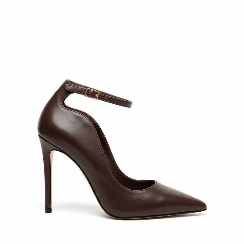 Décolleté Isabella Ferrante Caracciolo in nappa color olmo con tacco stiletto 100mm e cinturino alla caviglia