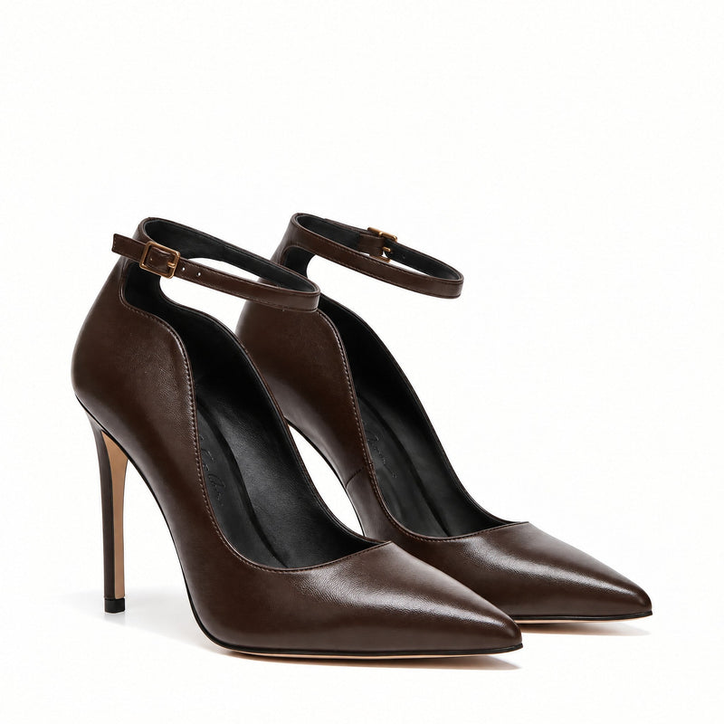 Décolleté Isabella Ferrante Caracciolo in nappa color olmo con tacco stiletto 100mm e cinturino alla caviglia