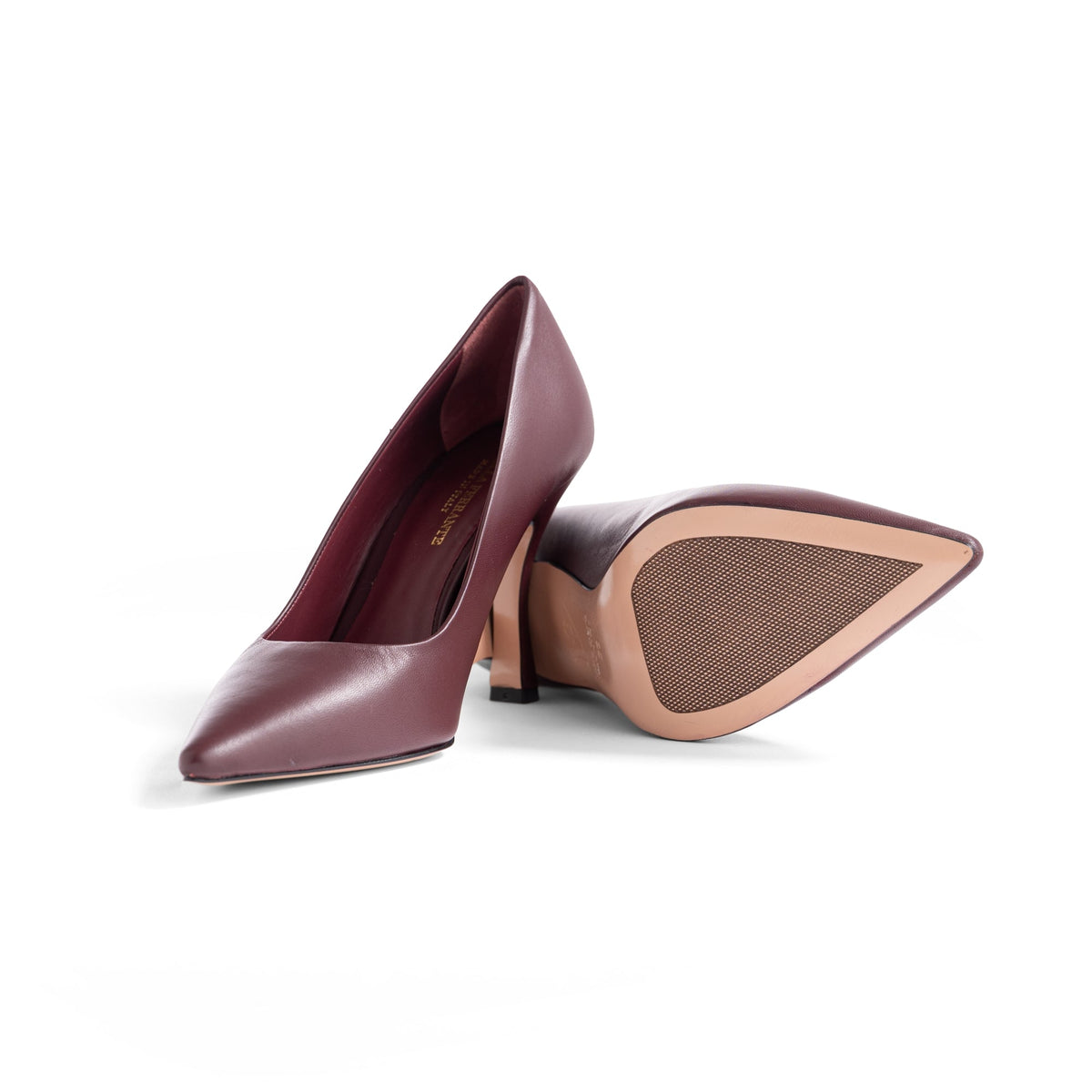 Décolleté Isabella Ferrante Partenope in nappa color vino con tacco a rocchetto da 90mm e suola in cuoio toscano