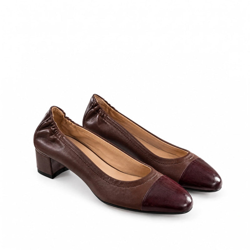 Décolleté Isabella Ferrante Petraio in nappa moro e punta in vernice bordeaux con tacco a blocco da 55mm